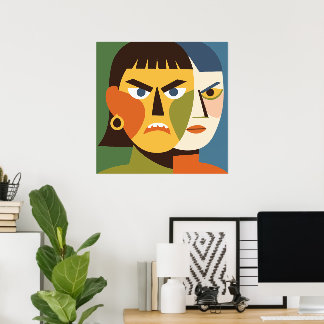 Poster Femme audacieuse et en colère au visage divisé