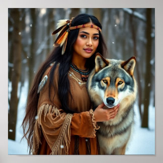 Poster Femme autochtone avec son loup