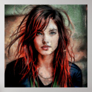 Poster Femme aux cheveux rouges dans le vent
