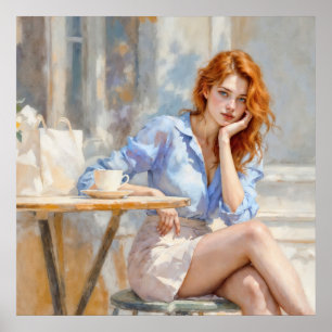 Poster Femme aux cheveux rouges doux et rêveuse aux coule