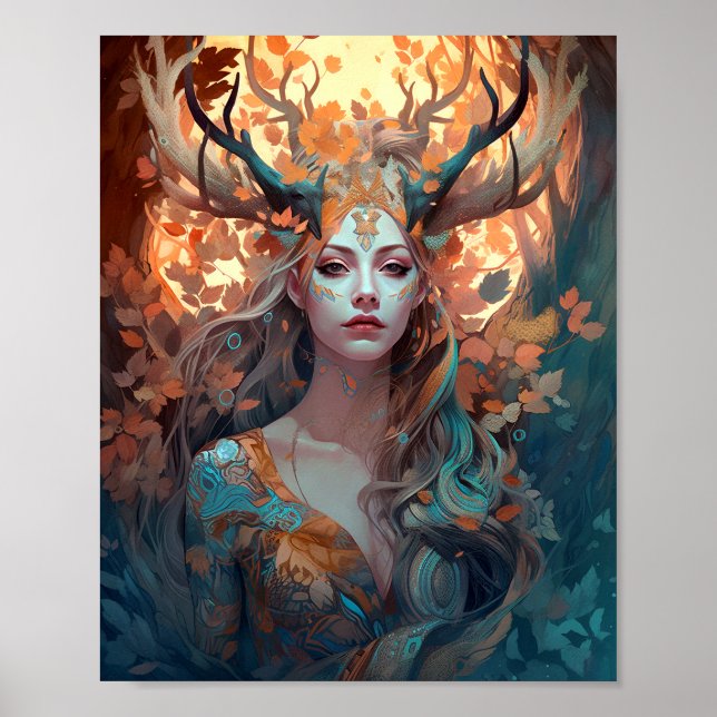 Poster Femme Avec Antlers Imaginaire Art (Devant)