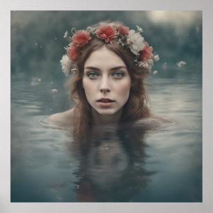 Poster Femme avec des fleurs sur la tête flottant dans un