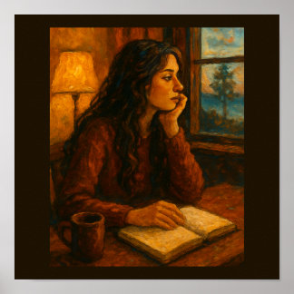 Poster Femme avec journal regardant par la fenêtre