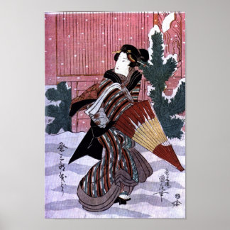 Poster Femme avec parapluie dans la neige