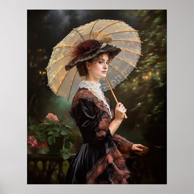 Poster Femme avec parasol marchant dans le jardin (Devant)