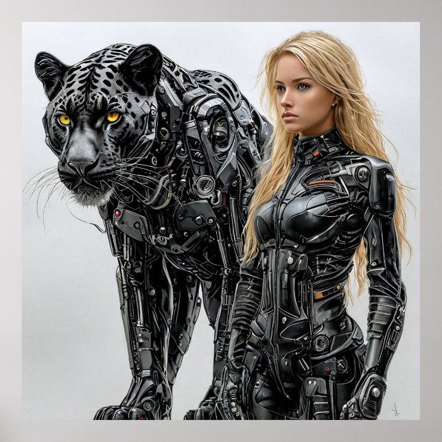 Poster Femme blonde en costume en latex noir (Devant)