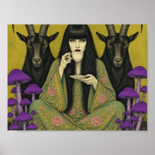 Poster Femme boit du thé avec deux chèvres noires