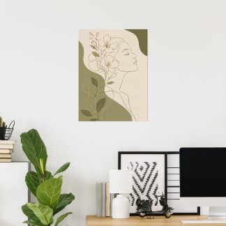 Poster Femme botanique élégante, art linéaire et olive