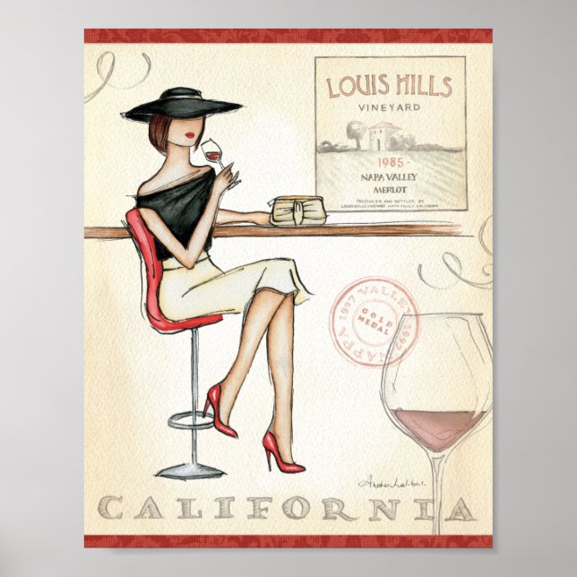 Poster Femme branchée Boire du vin (Devant)