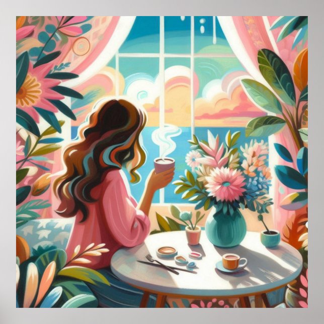 Poster femme buvant du café (Devant)