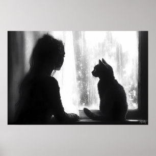 Poster Femme contemplative avec chat sous la pluie près d