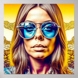 Poster Femme cool en lunettes de soleil bleues