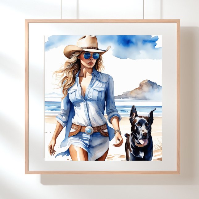 Poster Femme côtière portant une robe Denim sur la plage (Coastal cowgirl wearing a denim dress walking on the beach with a dog)