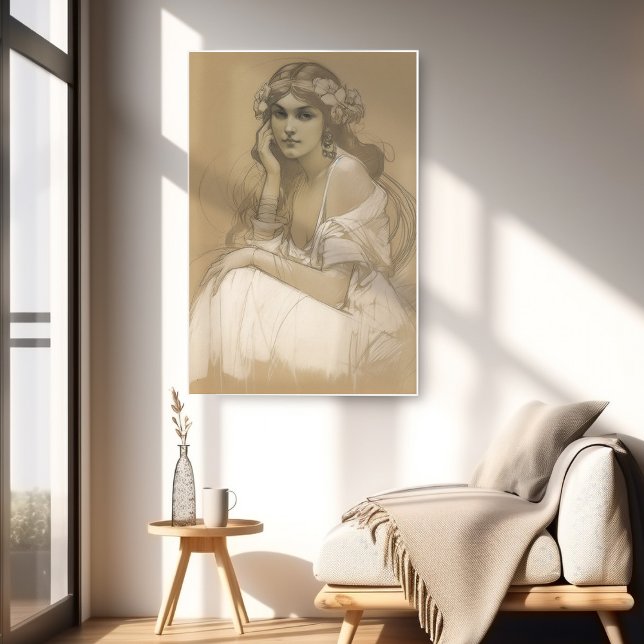 Poster Femme crayon blanc Crayon Portrait Étude Mucha (Créateur téléchargé)