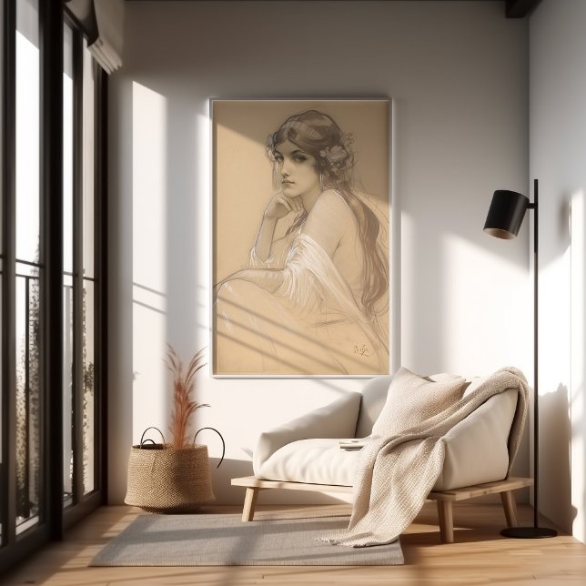 Poster Femme crayon blanc Crayon Portrait Study Mucha Pos (Créateur téléchargé)