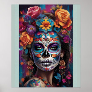 Poster Femme dans le maquillage du crâne de sucre étonnan