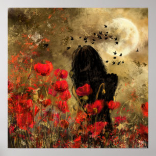 Poster Femme dans un champ de coquelicots - Œuvre d'art o