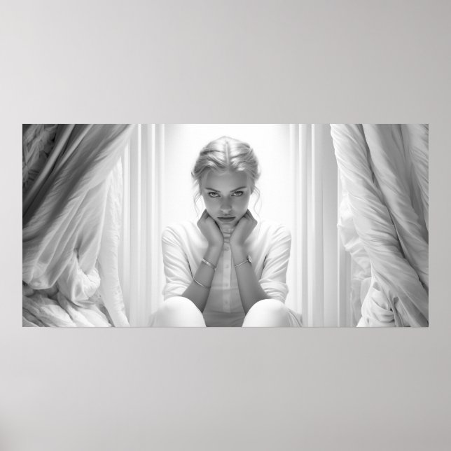 Poster Femme dans un studio avec le visage dans les mains (Devant)