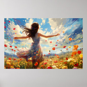 Poster Femme Dansant Joyeusement Dans Un Champ De Fleurs
