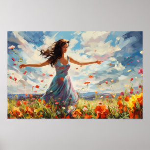 Poster Femme Dansant Joyeusement Dans Un Champ De Fleurs 