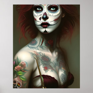 Poster Femme de la Fête des Morts avec des Tatouages