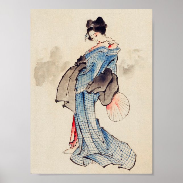 Poster Femme debout avec un ventilateur, Hokusai (Devant)