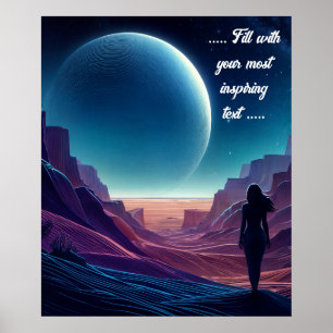 Poster Femme debout sur un désert regardant la lune