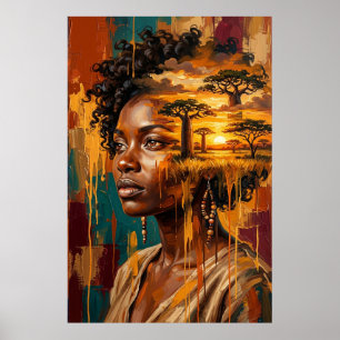 Poster Femme Double Exposition Coucher de Soleil Savane A