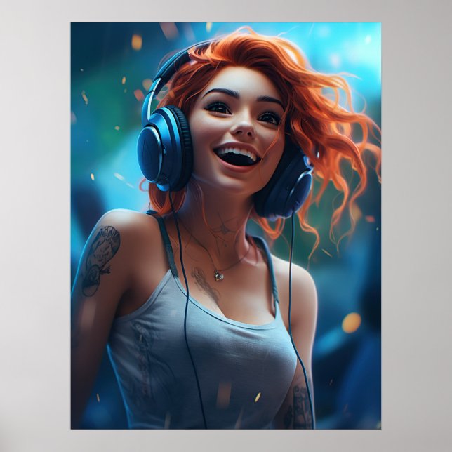 Poster Femme écoutant de la musique avec un casque (Devant)