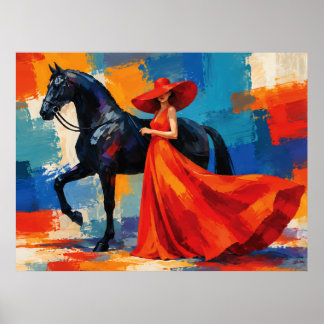 Poster Femme Élégante en Rouge avec Cheval Noir