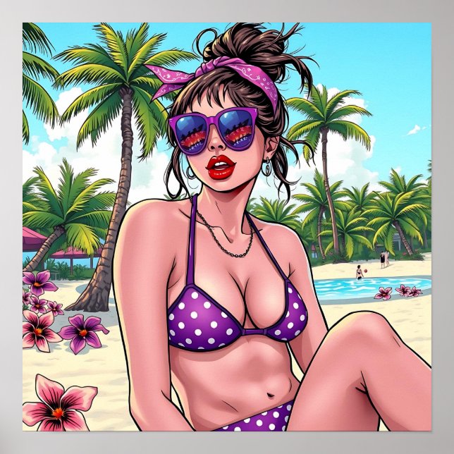 Poster Femme en Bikini et Bandanna à la plage (Devant)