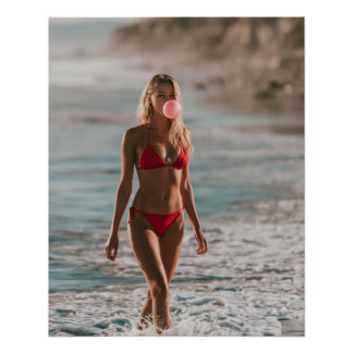Poster Femme en bikini rouge à l'océan Mignonne Bulle de