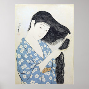Poster Femme en bleu, peigne ses cheveux, Art Japonais