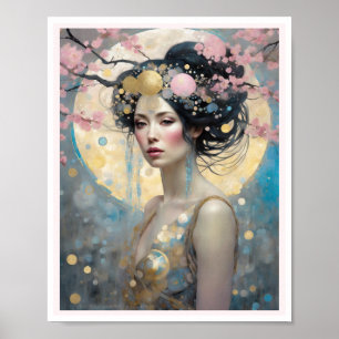 Poster Femme en fleurs de cerisier avec cercles de cheveu