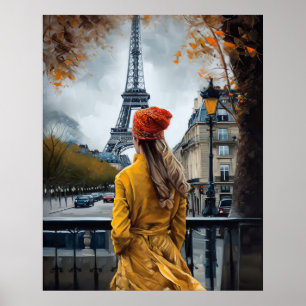 Poster Femme en Peignoir Jaune Admirant La Tour Eiffel