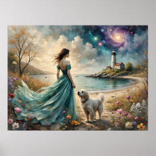 Poster Femme en robe bleue sur la plage avec un chien, ph
