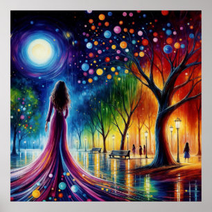 Poster Femme en robe flottante marchant dans la forêt col