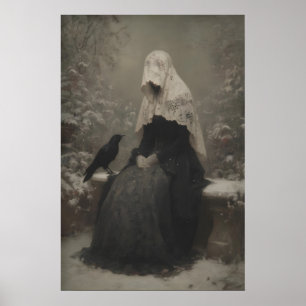 Poster Femme en voile noir avec corbeau gothique deuil