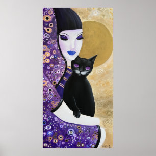 Poster Femme et chat violet de chats art lunaire