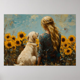 Poster Femme et Chien avec Tournesols - Peinture de Style