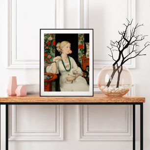 Poster Femme et chien Bubble Gum rose bulle Coloré