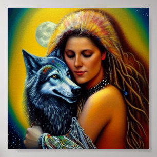 Poster Femme et loup autochtones