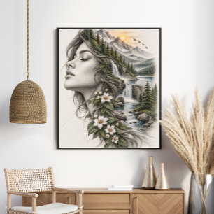 Poster Femme Éthérée Montagne Forêt