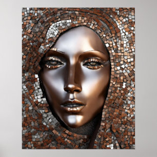 Poster Femme Face Mosaic Cuivre Argent
