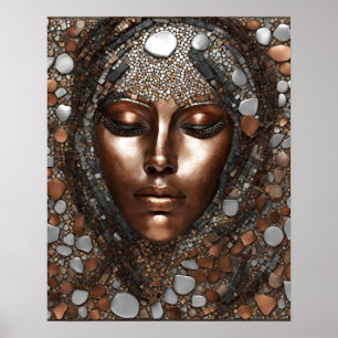 Poster Femme Face Mosaic Cuivre Argent Mur Art
