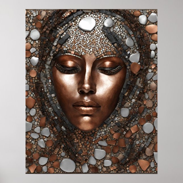 Poster Femme Face Mosaic Cuivre Argent Mur Art (Devant)