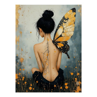 Poster Femme fantaisiste abstraite et papillon