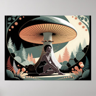 Poster Femme Fée Noire sous une Maisonnette Champignon Gé