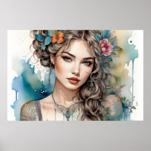 Poster Femme Glamour aux Cheveux Argentés et aux Yeux Fum