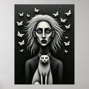 Poster Femme gothique Papillons et Chat Surréaliste sombr